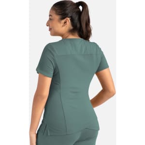 A women's curved V-neck top in a muted teal colour, featuring short sleeves and a fitted design.