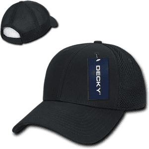 A low crown black air mesh baseball cap with a logo and a structured front. The back features mesh for breathability.