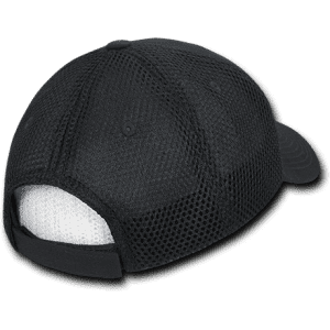 A black low crown air mesh baseball cap featuring a mesh design and an adjustable strap at the back.
