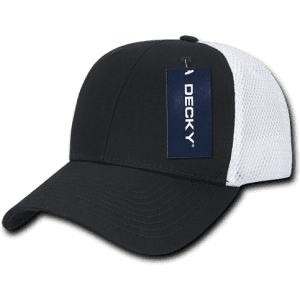 A low crown baseball cap in black with a white mesh side, featuring a logo tag attached.