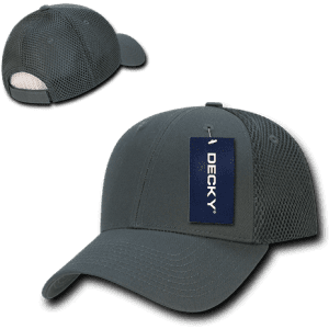 A grey low crown air mesh baseball cap with a side mesh panel and a logo on the front.