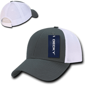 A grey and white low crown air mesh baseball cap featuring a branding logo.