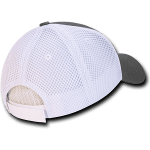 A low crown baseball cap in grey with a white air mesh back and an adjustable strap.