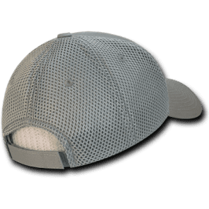 A low crown baseball cap in grey with a mesh design and an adjustable strap at the back.