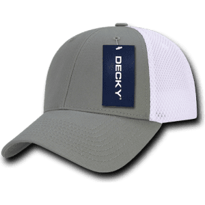 A low crown baseball cap in grey with a white mesh panel and a branding tag attached.