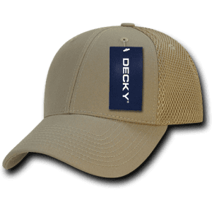 A low crown air mesh baseball cap in tan with a mesh back and a tag featuring a logo.