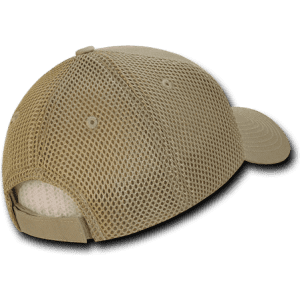 A low crown air mesh baseball cap in a beige colour, featuring a curved brim and an adjustable strap at the back.