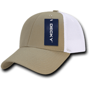 A low crown air mesh baseball cap in tan and white, featuring a tag and a fitted design.