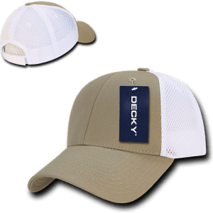 A low crown baseball cap featuring a khaki front and white mesh panels, with a logo tag attached.