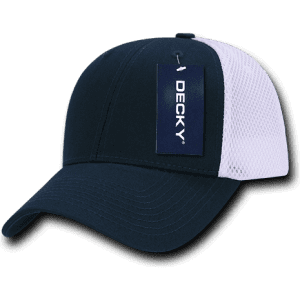A low crown air mesh baseball cap in navy and white, featuring a tag and a logo.