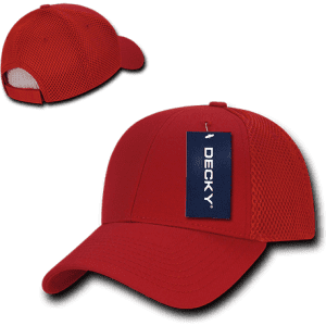 A red low crown air mesh baseball cap featuring a logo and tag, with a curved brim and breathable material.
