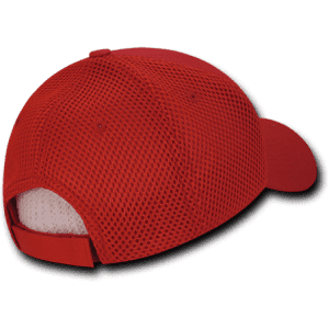 A low crown baseball cap in red, featuring a breathable air mesh design and an adjustable strap at the back.