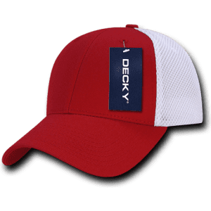 A red and white low crown air mesh baseball cap with a tag and a logo.