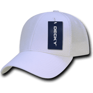 A white low crown air mesh baseball cap with a tag and a branding logo.