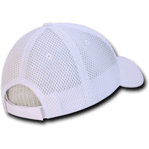 A white low crown air mesh baseball cap featuring a mesh design and an adjustable strap at the back.