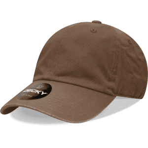 A brown 6 panel low profile relaxed dad hat with a logo on the front.
