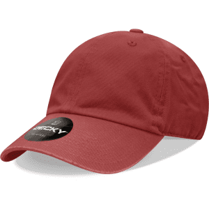A red 6 panel low profile relaxed dad hat with a logo on the front.
