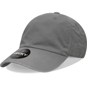 A grey six-panel low profile relaxed dad hat with a circular logo tag on the brim.