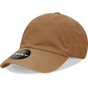 A relaxed tan dad hat with a low profile and a logo on the side.