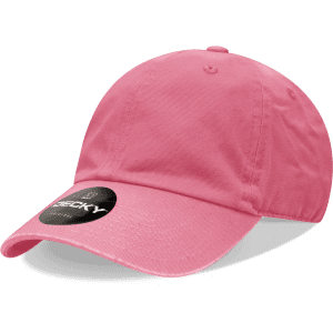 A pink six-panel low profile relaxed dad hat with a circular logo on the brim.