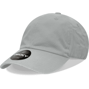 A light grey 6 panel low profile relaxed dad hat with a circular logo on the front.