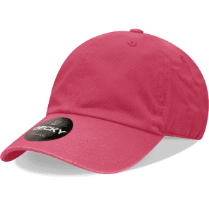 A pink 6 panel low profile relaxed dad hat with a branding label on the side.