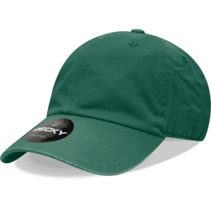 A green 6 panel low profile relaxed dad hat with a curved brim and a logo on the side.