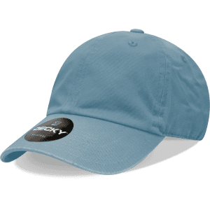A light blue 6-panel low profile relaxed dad hat with a logo on the front.