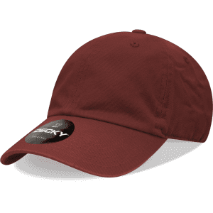 A relaxed burgundy dad hat featuring a curved brim and an adjustable strap, with a logo on the front.