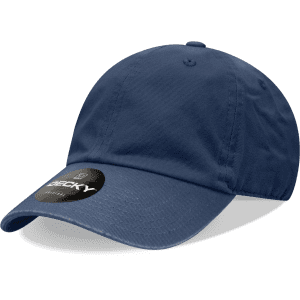A navy blue 6-panel low profile relaxed dad hat with a branded logo on the front.