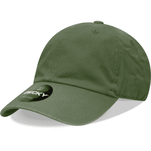 A green 6-panel low-profile relaxed dad hat with a curved brim and a branding logo.