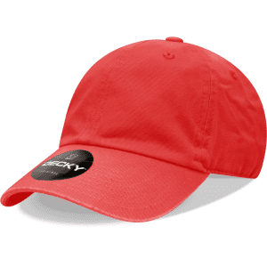 A 6-panel low profile relaxed dad hat in vibrant red, featuring a logo on the side.