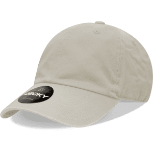 A beige six-panel low profile relaxed dad hat with a logo on the front.