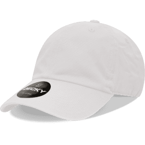 A white six-panel low profile relaxed dad hat with a brand logo on the front.