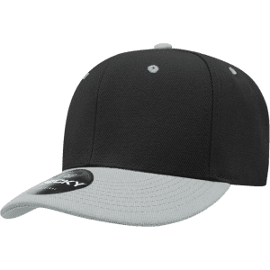 A black and grey 6 panel low profile cap with a logo on the front.
