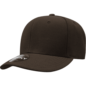 A brown six-panel low profile structured cap with a curved brim and a logo on the side.