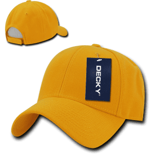 A bright yellow 6 Panel Low Profile Structured Cap with a curved brim and a tag attached. Features a logo.