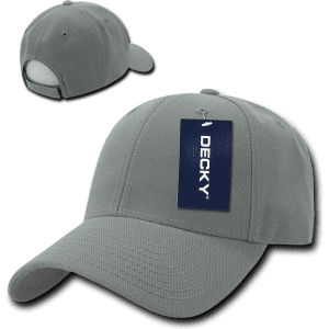 A grey 6-panel low-profile structured cap with a logo and a tag attached. Both front and back views are displayed.