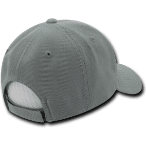 A low-profile six-panel structured cap in grey, featuring a mesh back and an adjustable strap.