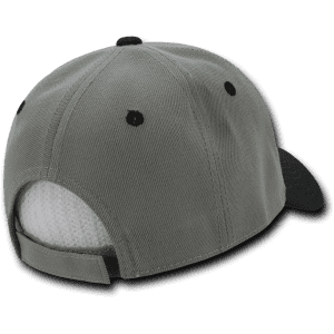A grey six-panel low profile structured cap featuring black accents and a mesh back.