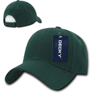 A dark green 6 panel low profile structured cap with a tag and a mesh back. It has a branded logo.