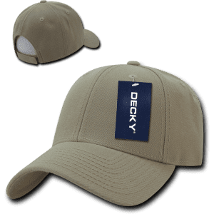 A light brown cap with a structured design and a logo. Features include a curved brim and a tag attached.