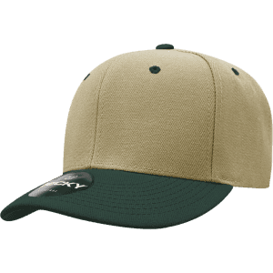 A beige cap with a dark green peak, featuring a structured design and a logo on the side.