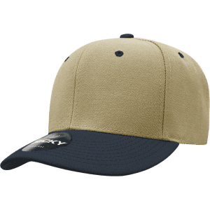 A structured cap with a low profile, featuring a tan crown and a navy peak, complete with a logo on the side.