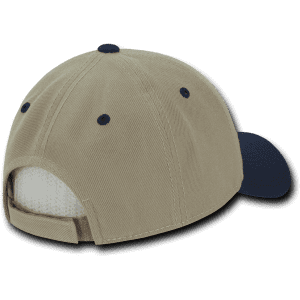 A low profile structured cap in beige and navy with a logo, featuring a curved peak and adjustable strap at the back.