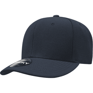 A navy blue 6 panel low profile structured cap with a logo on the side.