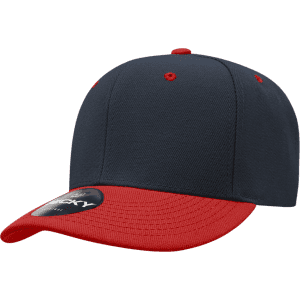 A structured cap featuring a navy blue crown and a red brim, with a logo on the front.