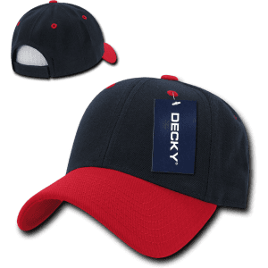 A low-profile structured cap in navy blue and red with a logo and a tag attached.