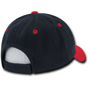 A navy blue and red 6 Panel Low Profile Structured Cap featuring a curved brim and a fabric strap at the back.