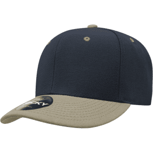 A structured cap featuring a navy blue body and a khaki visor, with a logo on the front.